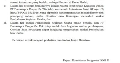 OJK Bekukan Usaha DEFI Danasupra